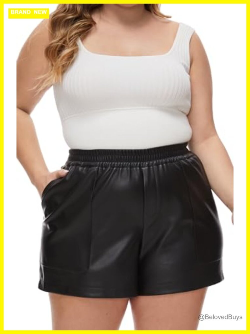 Plus Size Faux Leather High Waisted Elastic Waistband Shorts with Pockets